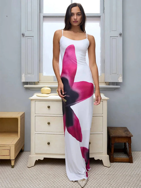 Sexy Party Maxi Dress For Women Summer Fashion Print Sleeveless Backless Bodycon Casual Club Elegant Strap Dress